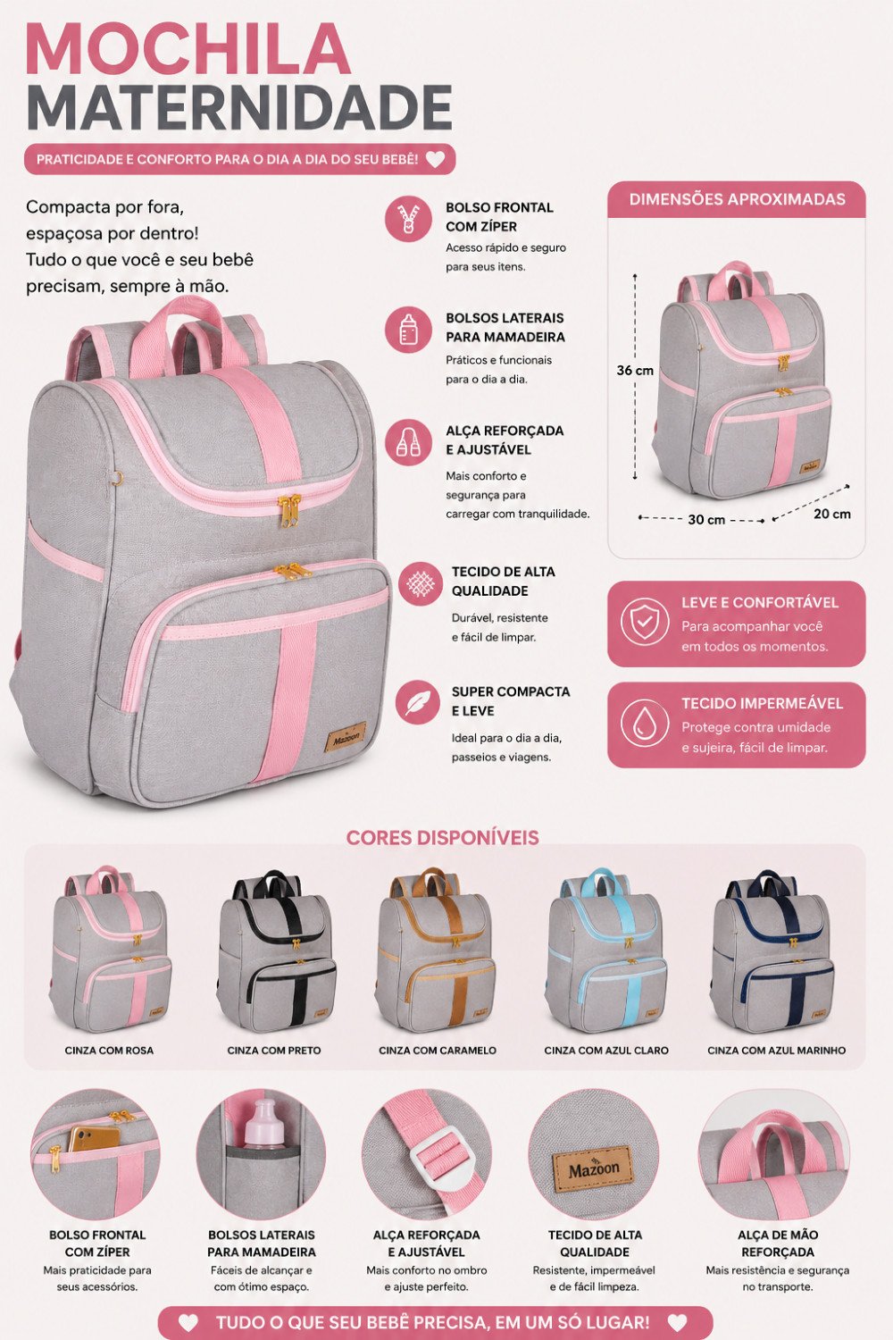 Bolsa Maternidade Kit 04 peças Bolsa G + Bolsa P+ Mochila e Trocador Harmonia - Imagem 2
