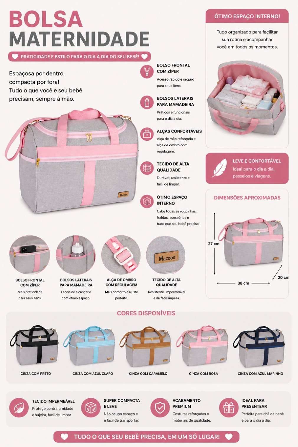 Bolsa Maternidade Kit 04 peças Bolsa G + Bolsa P+ Mochila e Trocador Harmonia - Imagem 4