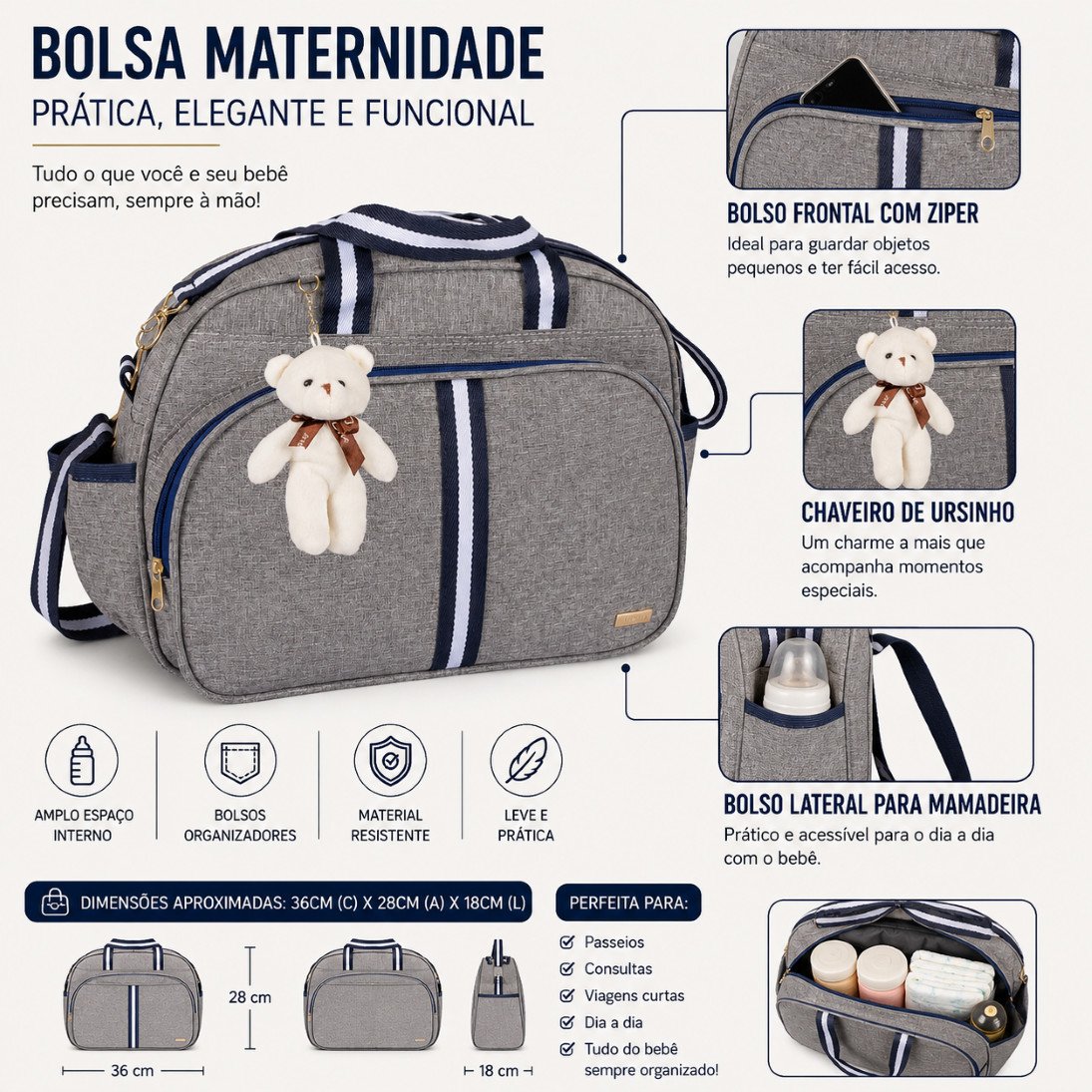 Kit Bolsa Maternidade 2 Peças com Mochila 2 em 1 e Bolsa G AMOR - Imagem 5
