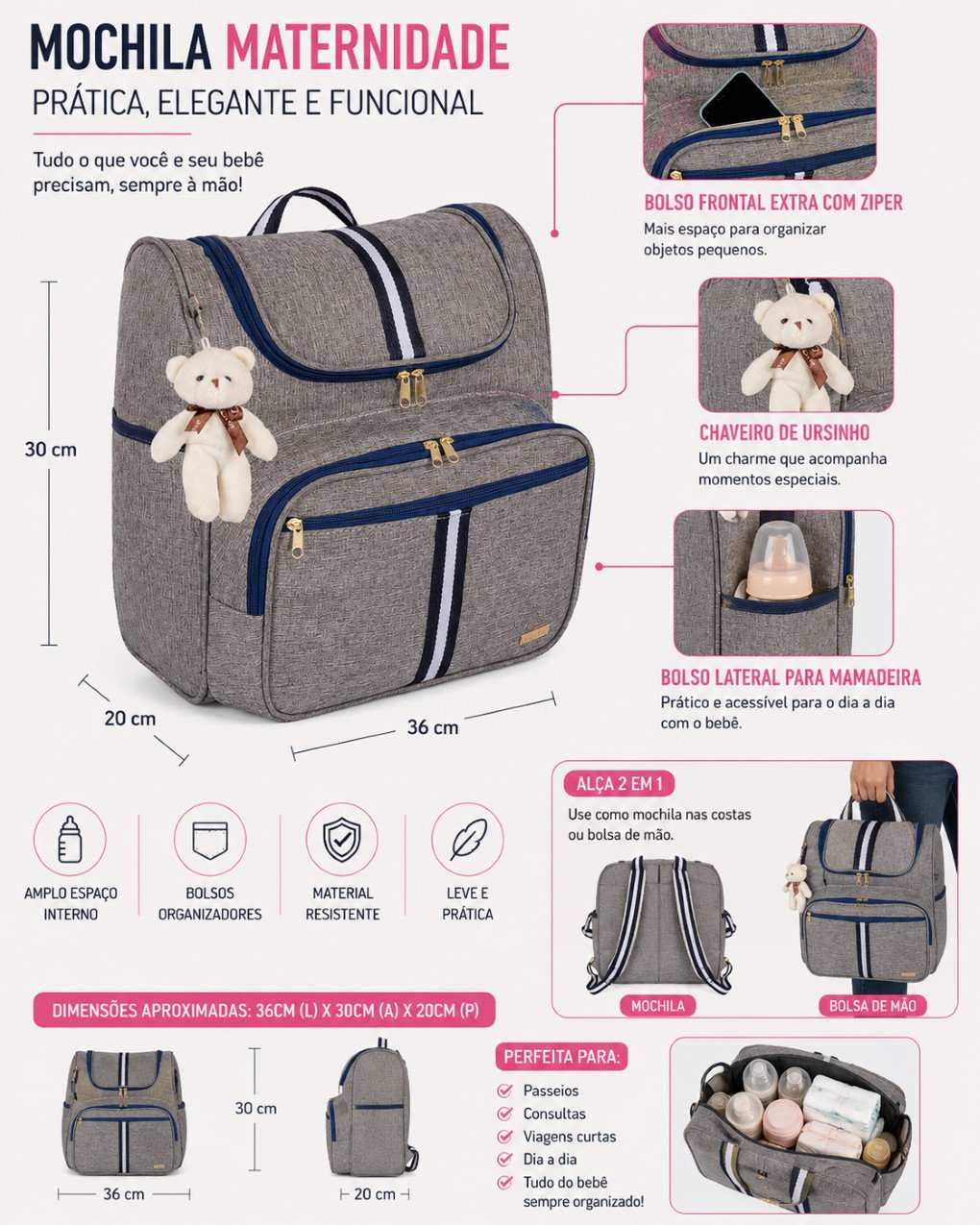 Kit Bolsa Maternidade 2 Peças com Mochila 2 em 1 e Bolsa G AMOR - Imagem 2