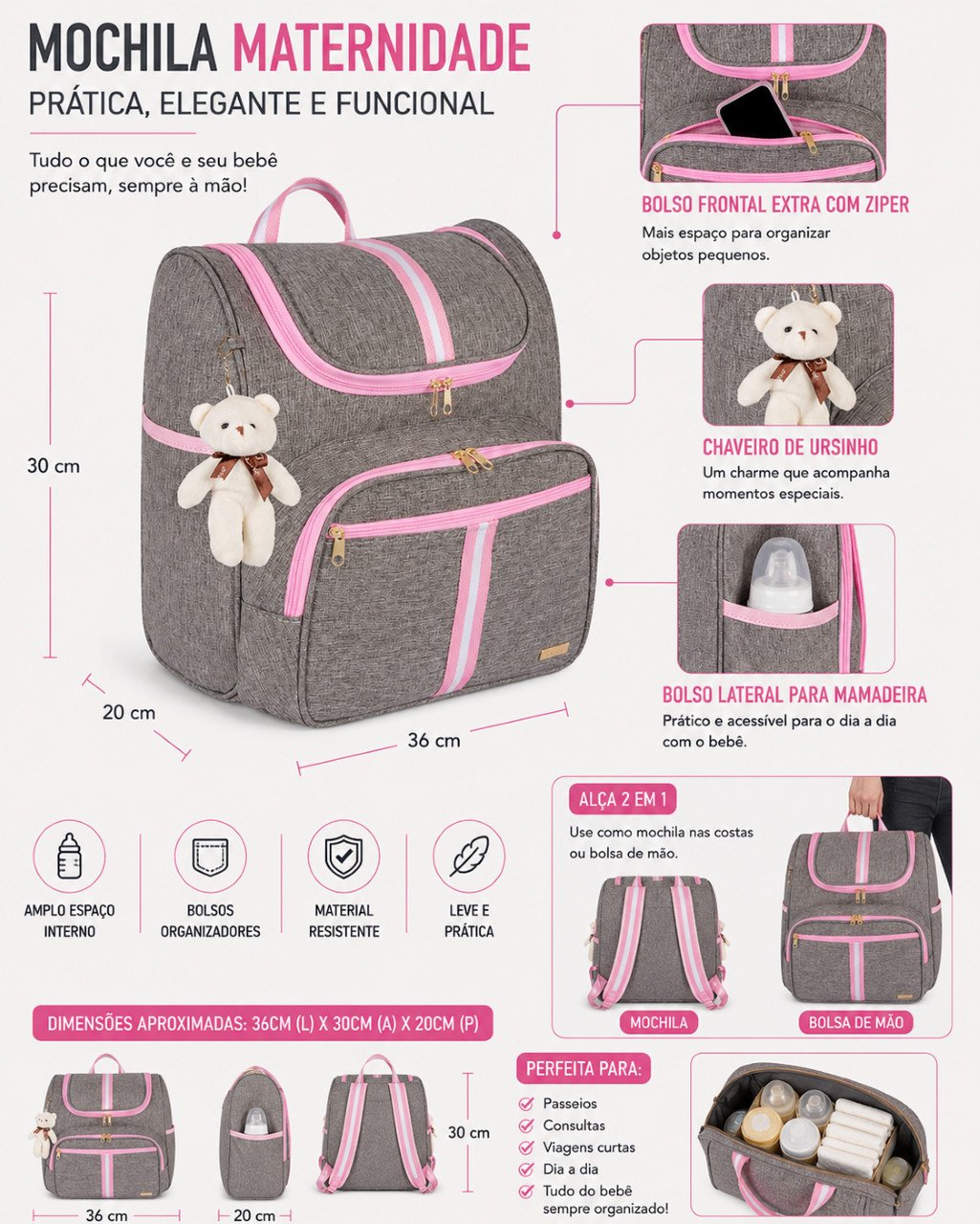 Kit Bolsas 3 peças Bolsa Grande, Bolsa P e Mochila 2 em 1 - Imagem 2