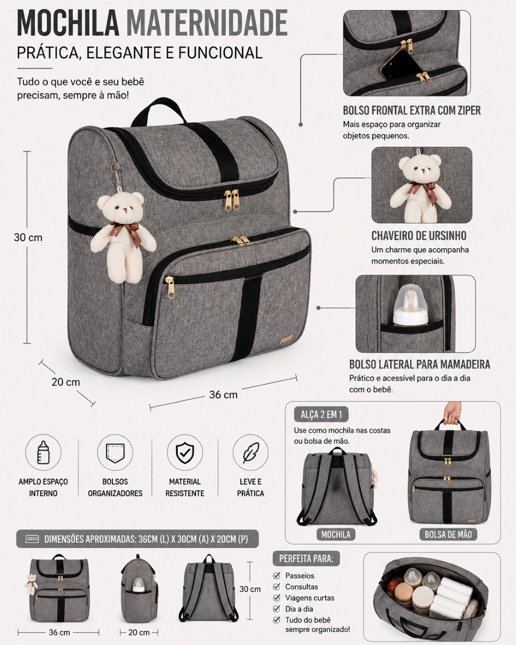 Mochila Bebê Infantil Maternidade 2 em 1 Luxo AMOR - Imagem 2